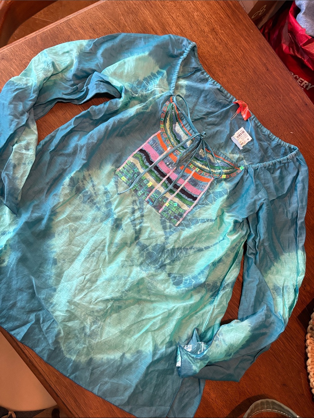 Hale Bob beach cover up' Turquoise Tie-Dye Embroidered Peasant Blouse